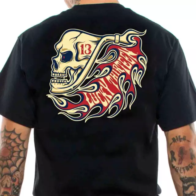 Lucky 13 Pipe Skull Men's T-Shirt Kustom Kulture Rockabilly Retro Hot Rod