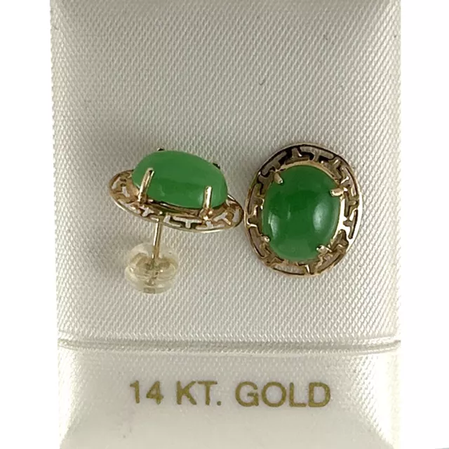 14KT Yellow Gold Chinese Pattern Design Oval Shaped Green Jade Earrings