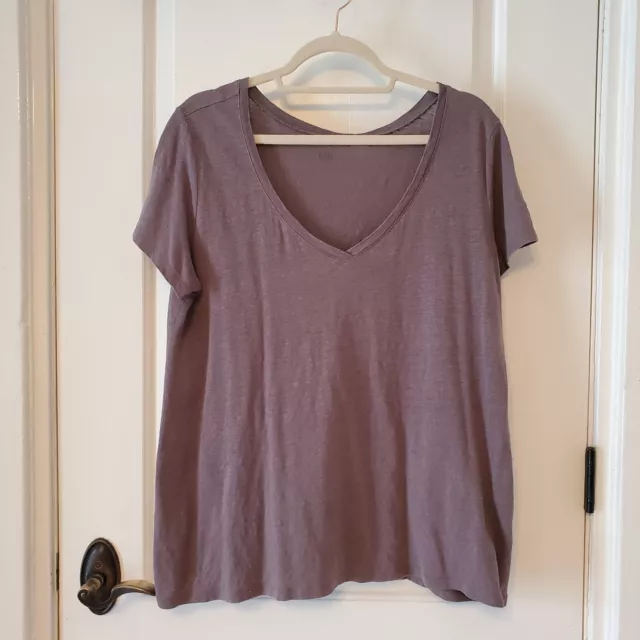 EILEEN FISHER Top M 100% Linen Slub Jersey V-Neck Short Sleeve Gray