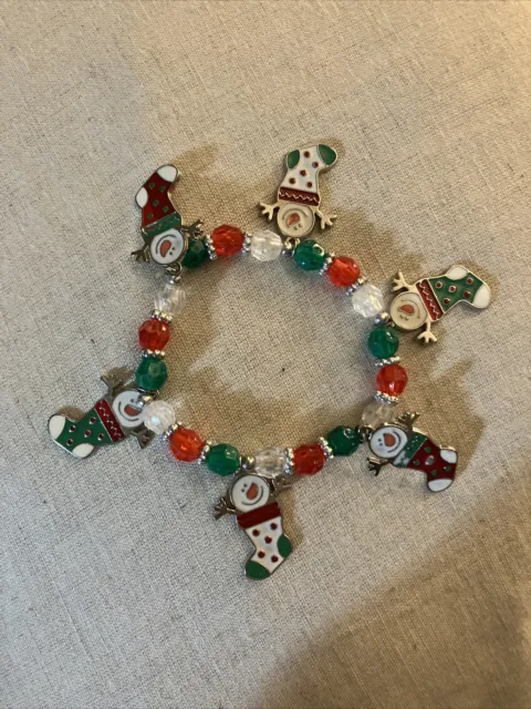 Christmas Wreath Snowmen In Stockings Charm Bracelet Silver-Tone Enamel