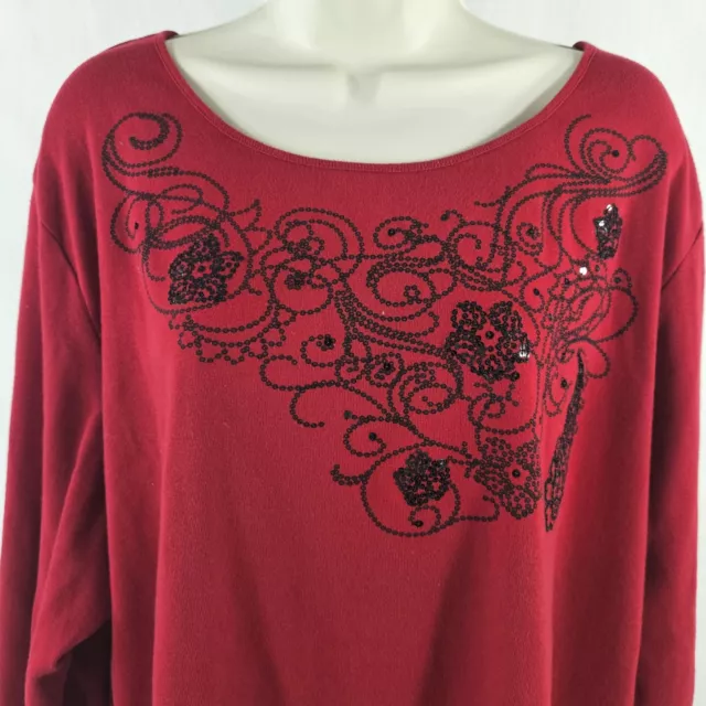 Karen Scott Women Top Blouse Size 3XL Red Long Sleeve Sequence Art Pullover