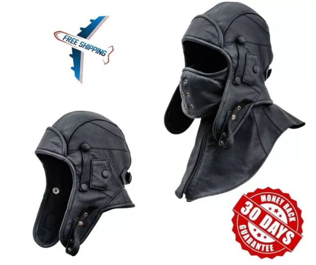 100 % Real Leather Aviator Cap Convertible Collar With Hood And Face Mask