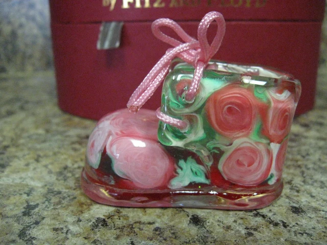Glass Menagerie by Fitz & Floyd Pink Roses Baby Shoe Glass Figurine New In Box