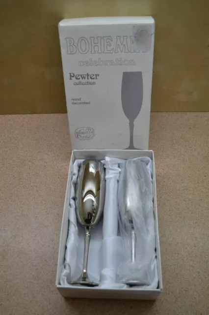 Bohemia Crystal Pewter Champagne Flutes Glasses X 2 Made In Czech Republic Boxed