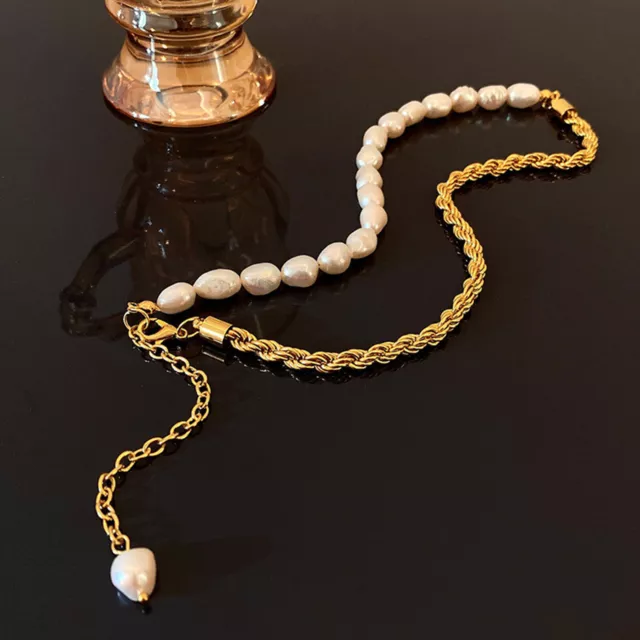 1PC Woman Fashion Gold Plated Stainless Steel Baroque Pearl Rope Chain Necklace