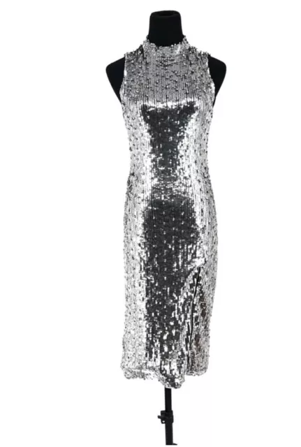 Alice + Olivia Crystal Embellished Sequin Silver Metallic Dress. NWT