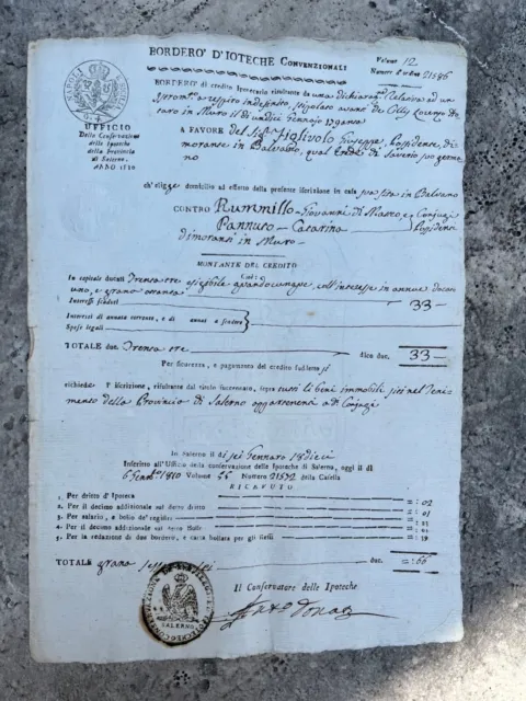 Antichi Documenti Borderò d'Ipoteche Convenzionali Napoli e Sicilia Salerno 1810