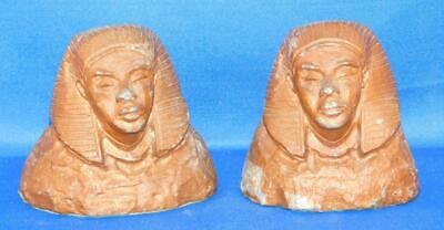 Vintage Egypt Pharaoh Face Cast Iron Bookends Pair Sphinx Egyptian Revival