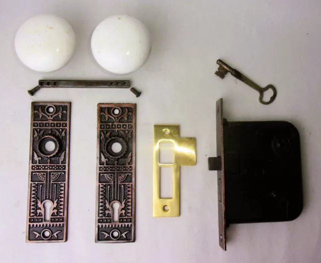 Antique Set EASTLAKE Backplates White Porcelain Door Knobs Mortise Lock w/ Key