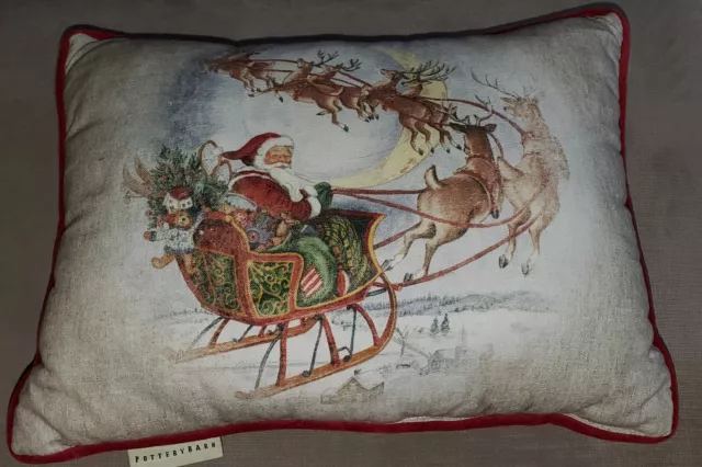 Pottery Barn Nostalgic SANTA On SLEIGH Throw PILLOW 12x16" REINDEERS  EUC