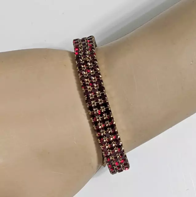 4 Row Red Prong Set Rhinestone Yellow Gold Tone Expansion Stretch Bracelet 6 in