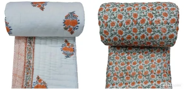Hand Block Floral  Reversible Print Jaipuri Razai  and Bedsheet Set