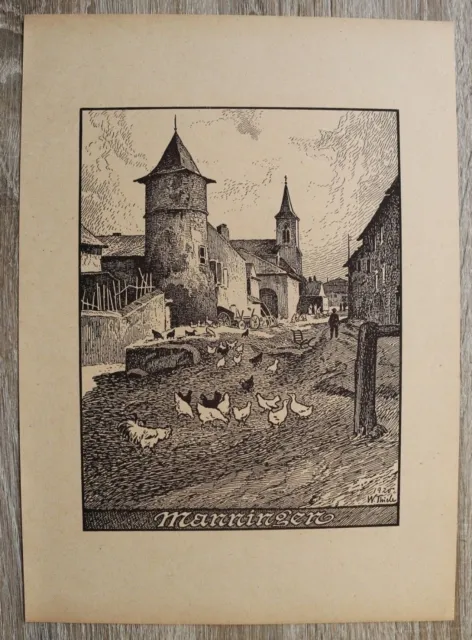 Kunstdruck Manningen Lothringen Frankreich 1920 W Thiele Straße Ort Dorf Gebäude