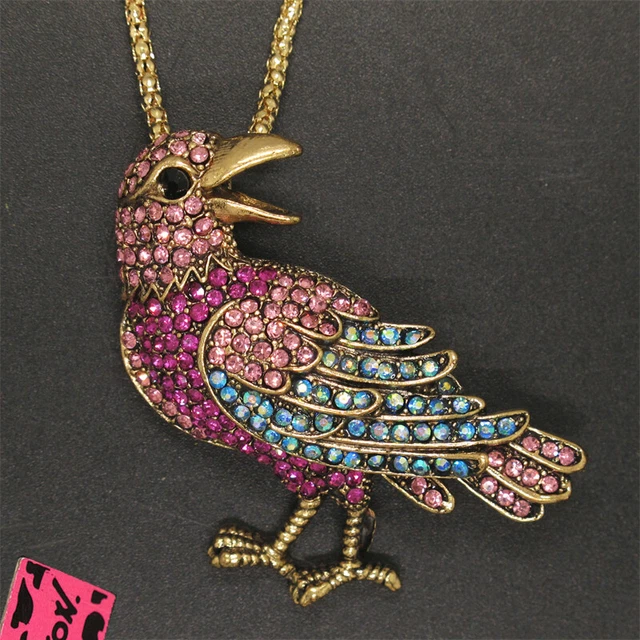 Hot Betsey Johnson Rose Red Rhinestone Cute Bird Crystal Pendant Chain Necklace
