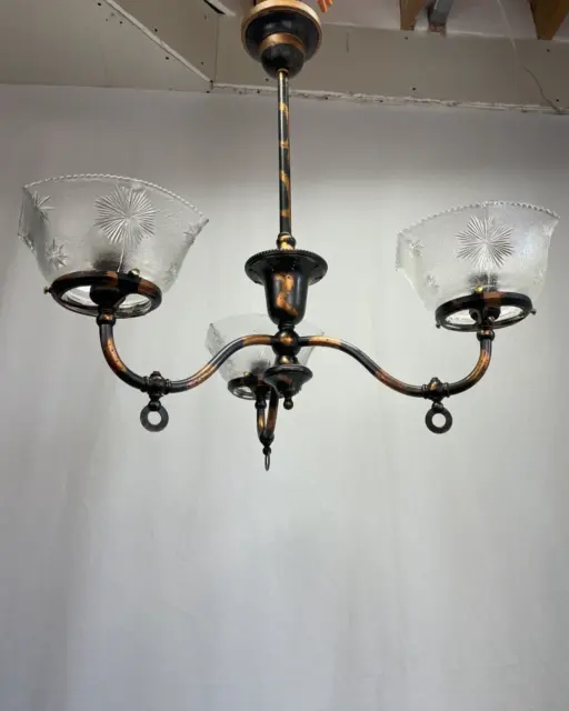 Antique Victorian Japanned Converted Gas Chandelier Gasolier Arts & Crafts Deco