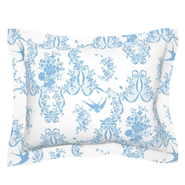 Decorative Toile Floral Birds Pale Blue Damask Pillow Sham by Spoonflower