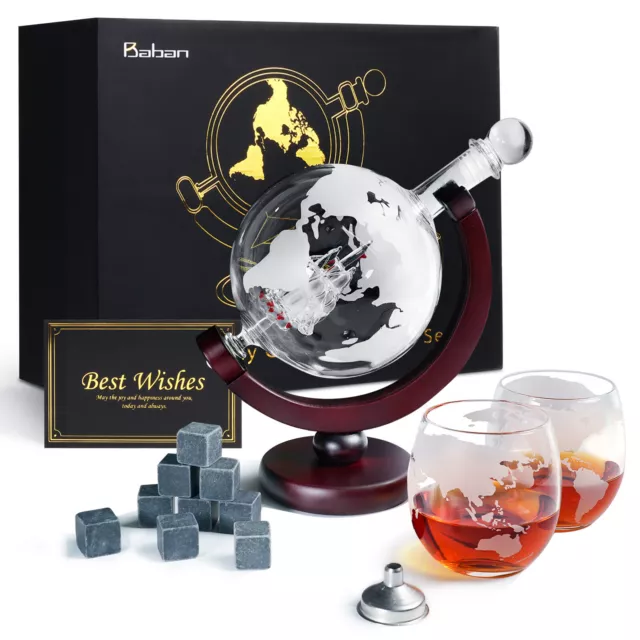 850ml Glass World Globe Whiskey Decanter Antique Glassware + 2 World Map Classes