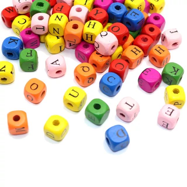 100 Mixed Bright Candy Color 10mm Cube Wood Alphabet Letter Beads