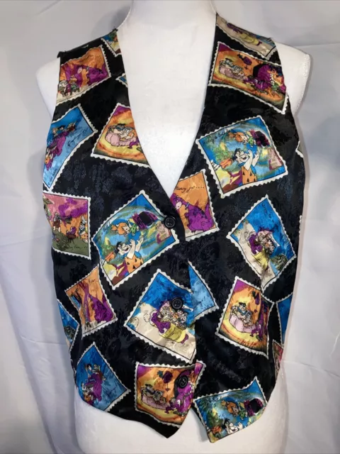 90s Vintage Women Sz Sm The Flintstones Postcards 3 Button Polyester Black Vest