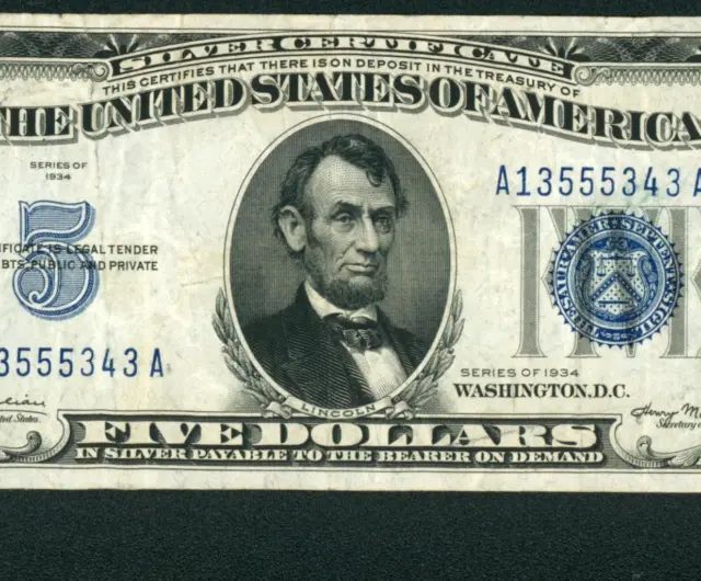 $5 1934 Silver Certificate ** PAPER CURRENCY AUCTIONS ** COMBINED SHIPPING