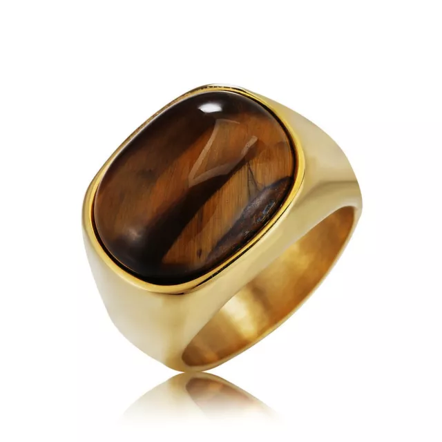 Vintage Tiger Eye Stone Wedding Ring Men's Stainless Steel Brown Stone Gold Ring