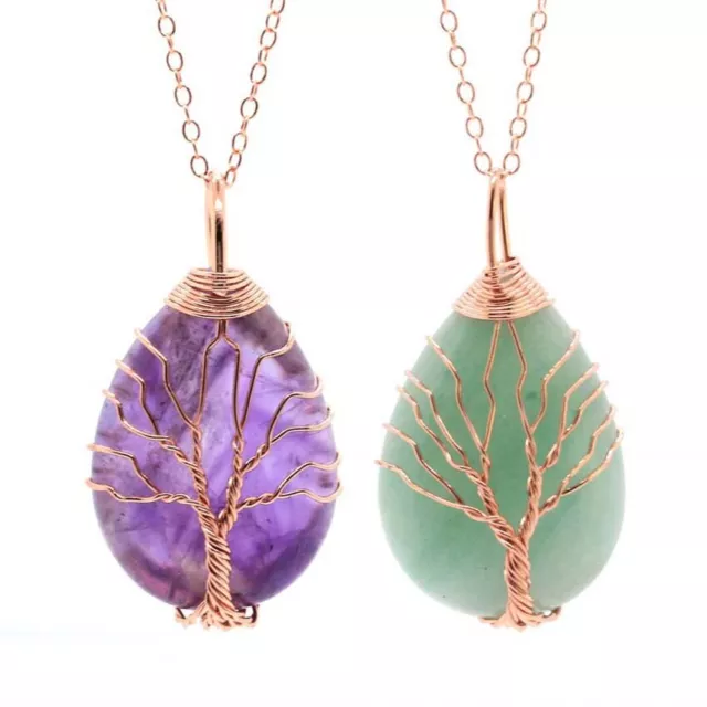 Natural Crystal Quartz Gem Wire Wrapped Tree Of Life Drop Stone Pendant Necklace