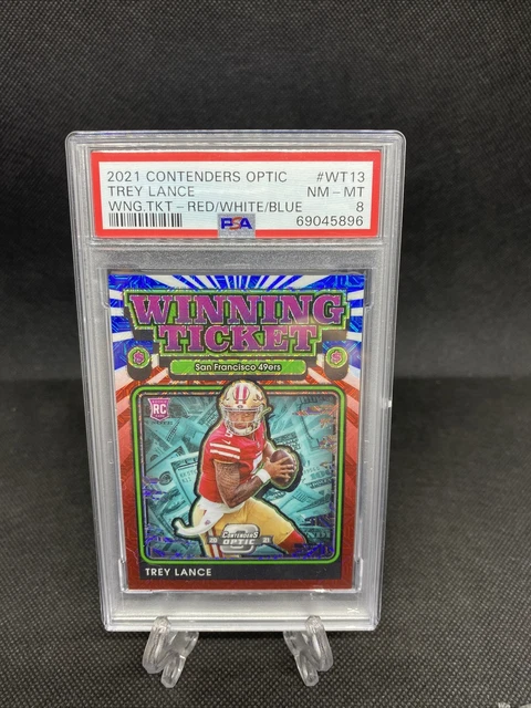 PSA 8 - 2021 Contenders Optic Winning Ticket Red White Blue TREY LANCE RC #9/13