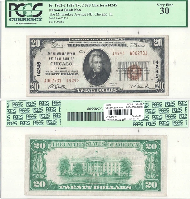 1929 $20 Milwaukee Avenue National Bank Of Chicago, IL #14245 PCGS Very Fine-30