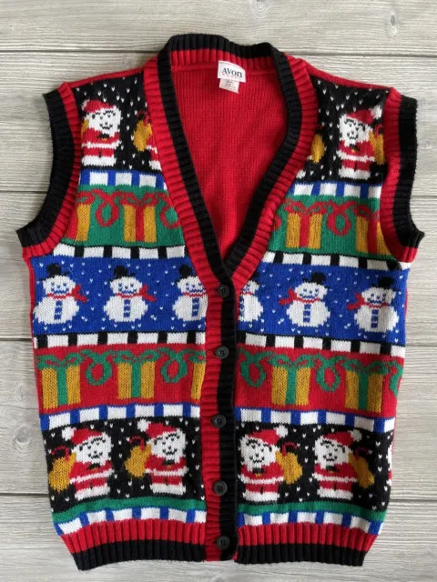 Avon Style Ugly Christmas Sweater Vest Large Red Santa Snowman Vintage