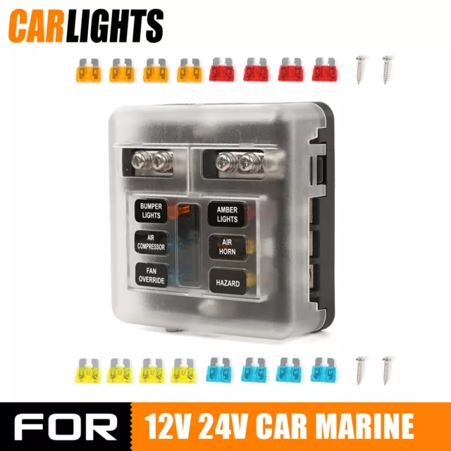 For Car Marine Boot Power Distribution 6 Way 12V-24V Blade Fuse Holder Box Block