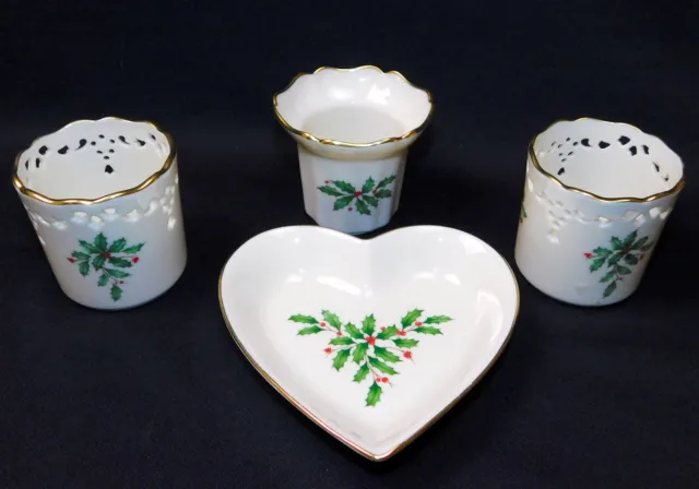 4 Lenox Holiday Dimension Collection Pierced Candle Holders and Heart Bowl Dish