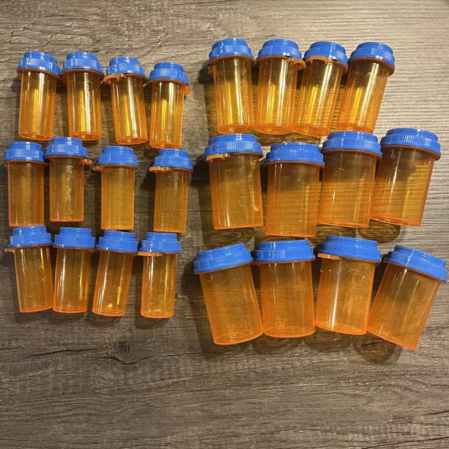 Lot 24 Empty Medicine Pill Plastic Amber Bottles Containers Prescription Crafts