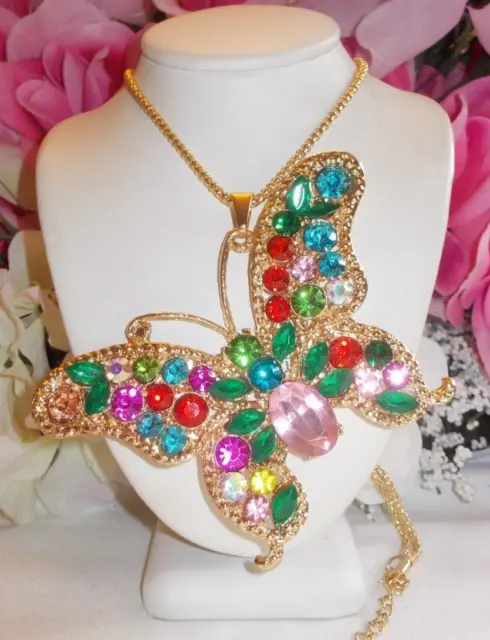 Betsey Johnson Sparkling Large Multicolor Butterfly Pendant Chain Necklace