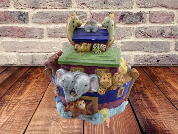 Ceramic  Noah's Ark Cookie Jar w/ Lid Bible Animals Elephants Giraffes Monkey 3