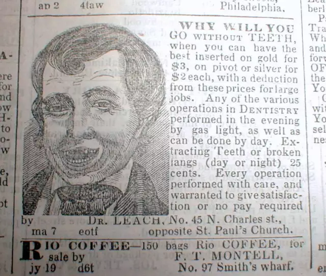 1844 Baltimore newspaper w ILLUSTRATED DENTIST AD - "Why Go Without Front Teeth"