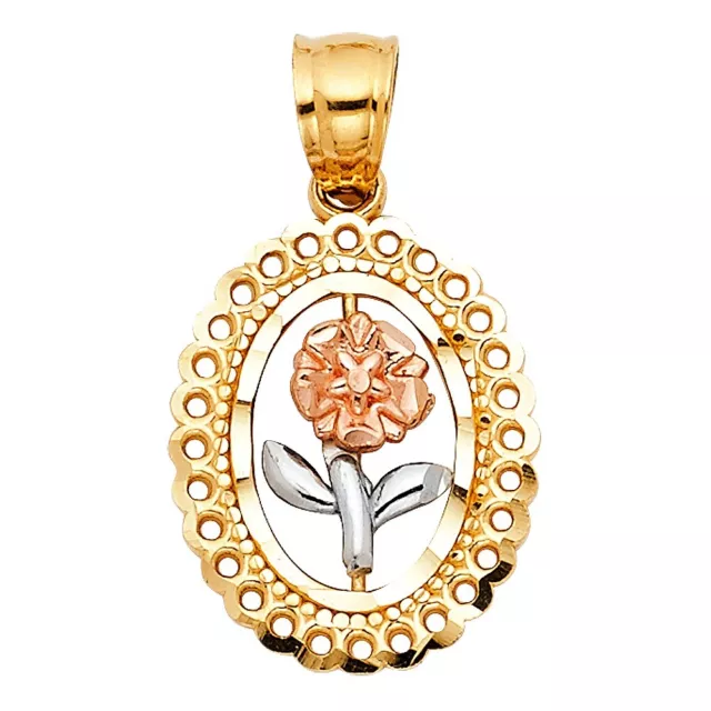 Oval Frame Rose Flower Floral Pendant 14k Italian Gold Tri Colored Small Charm
