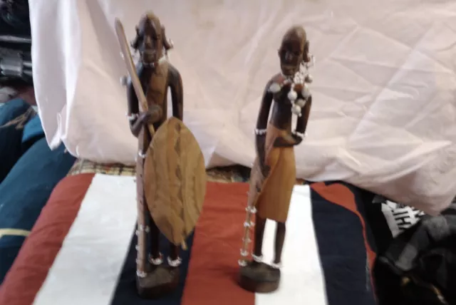 Pair Of Wooden  Vintage 11" Tall  African Tribal Figures, 1 Male & 1 Female, Vgc