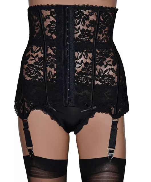 High Waist Black Lace Waspie with 4 Wide Removable Suspender Straps and 10 Bones