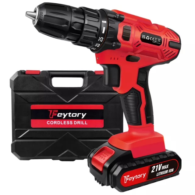 21V Cordless Combi Hammer Impact Drill Driver Electric Screwdriver & 1/2 Battery