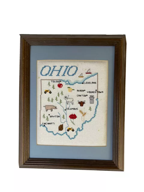 VTG 80s Primitive Country Handmade Wood Framed OHIO Needlepoint Wall Decor Hang