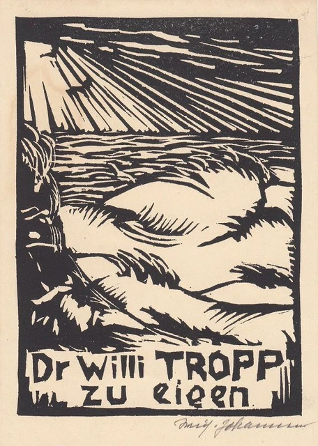 Exlibris Bookplate Linocut Wilhelm Johannsen 1897-1938 Sea Waves