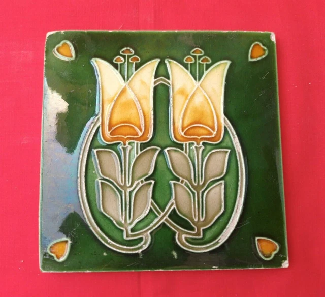 1 Piece Old Art Deco Floral Design Embossed Majolica Ceramic Tiles England 0054