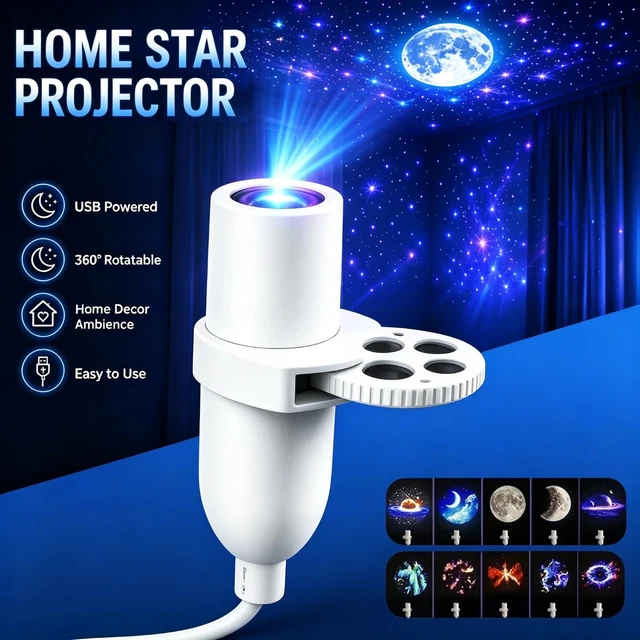 USB GALAXY STAR Projector Night Light 360° Rotating LED Bedroom Mood ...