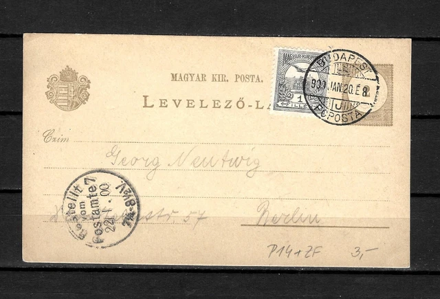 Hungary 1f turul stp 2kr stationery postcard Budapest 20/1/1900 Germany SCARCE