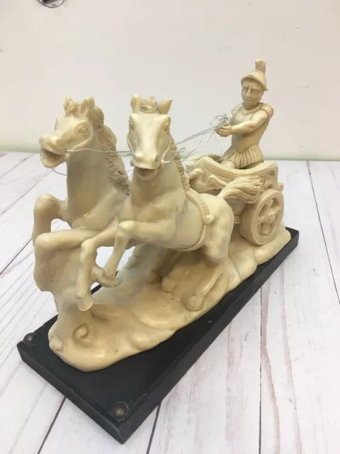 -VTG 2 Horse Chariot With Roman Soldier Figurine Resin Sculpture Italy