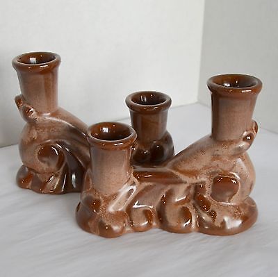 Pair VTG Frankoma Pottery #304 Brown Snail Shell Double Taper Candle Holders USA