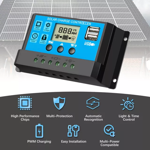 Solar Laderegler 10A -30A PWM Solar Panel Controller Regulator 12V/24V Mit USB