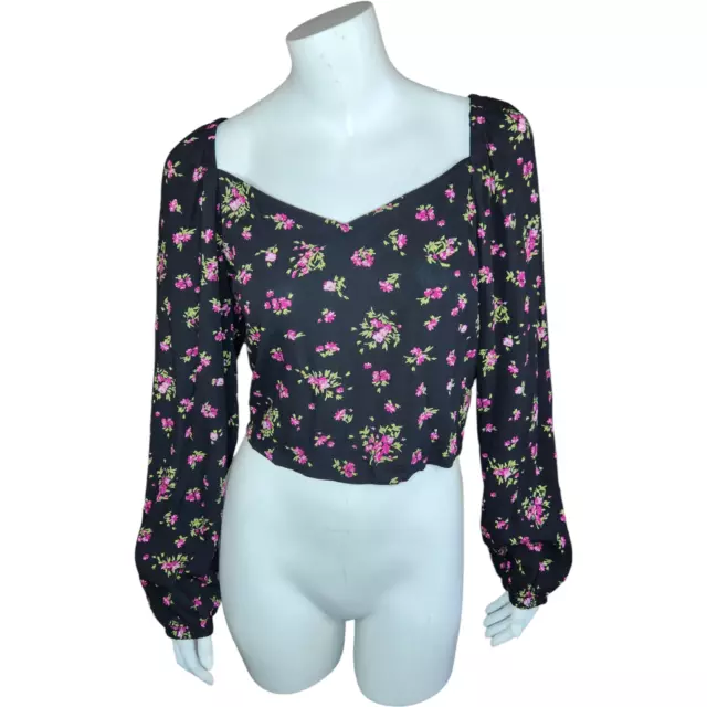 Vero Moda Womens Medium VMANNA Long Sleeve Crop Top Black Pink Floral Smock NWT