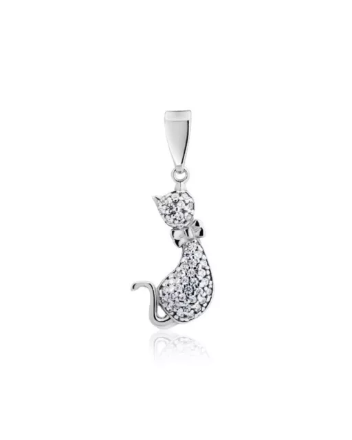 Pendentif Argent Véritable 925 Avec Zircone Scharm “ Chat ”Cadeau Bijoux