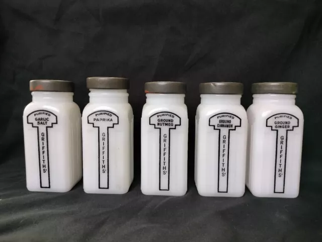 5 Vintage Art Deco Milk Glass Griffith's Spice Jars - Old Antique Kitchen Farm